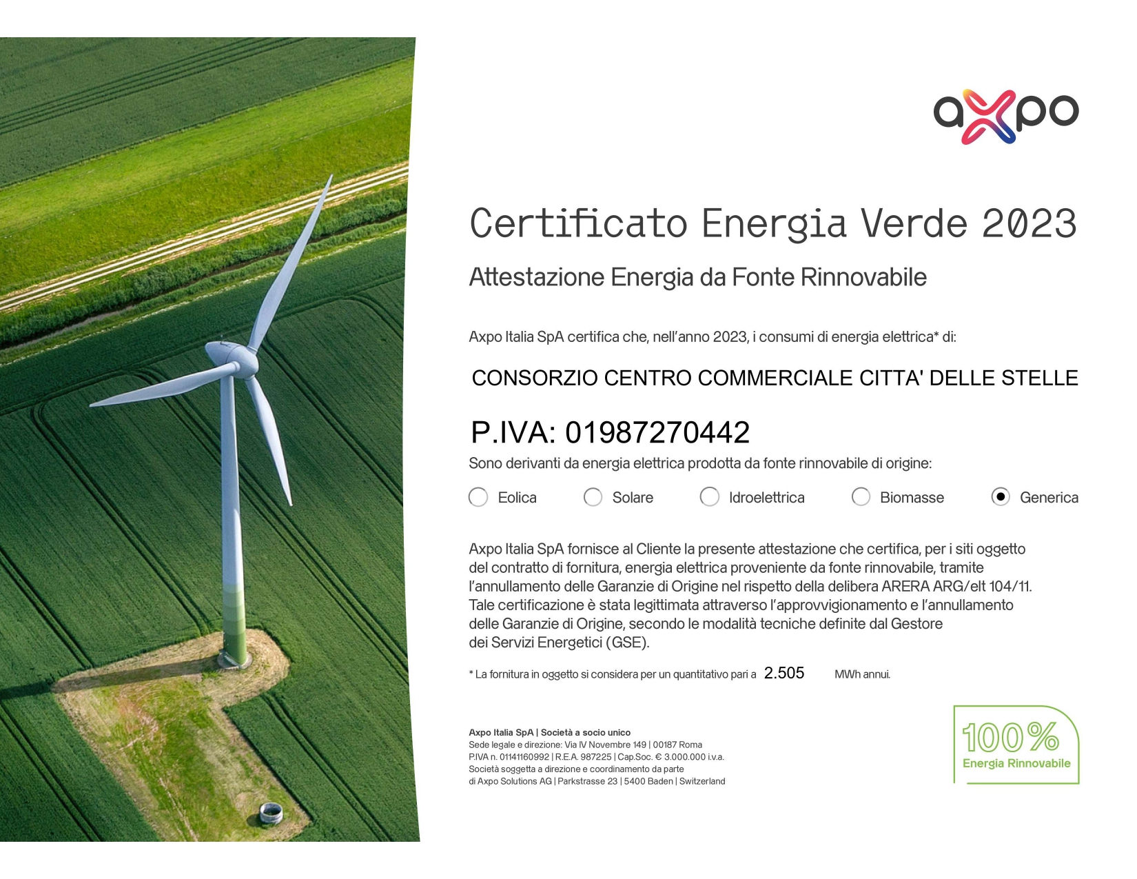 Certificato di attestazione di utilizzo di energia verde